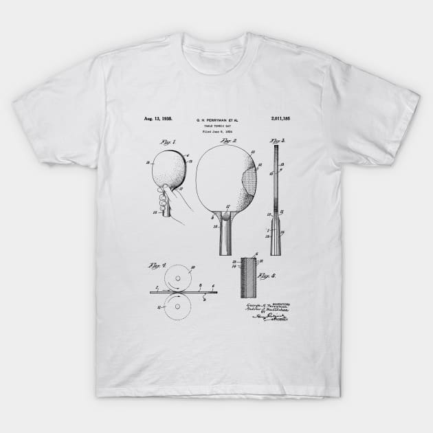 Table Tennis Patent - Tennis Paddle Art - Black And White T-Shirt by patentpress